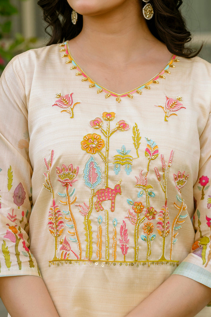 Beige Color Viscose Assam Silk Embroidery Kurti With Pant And Dupatta Set