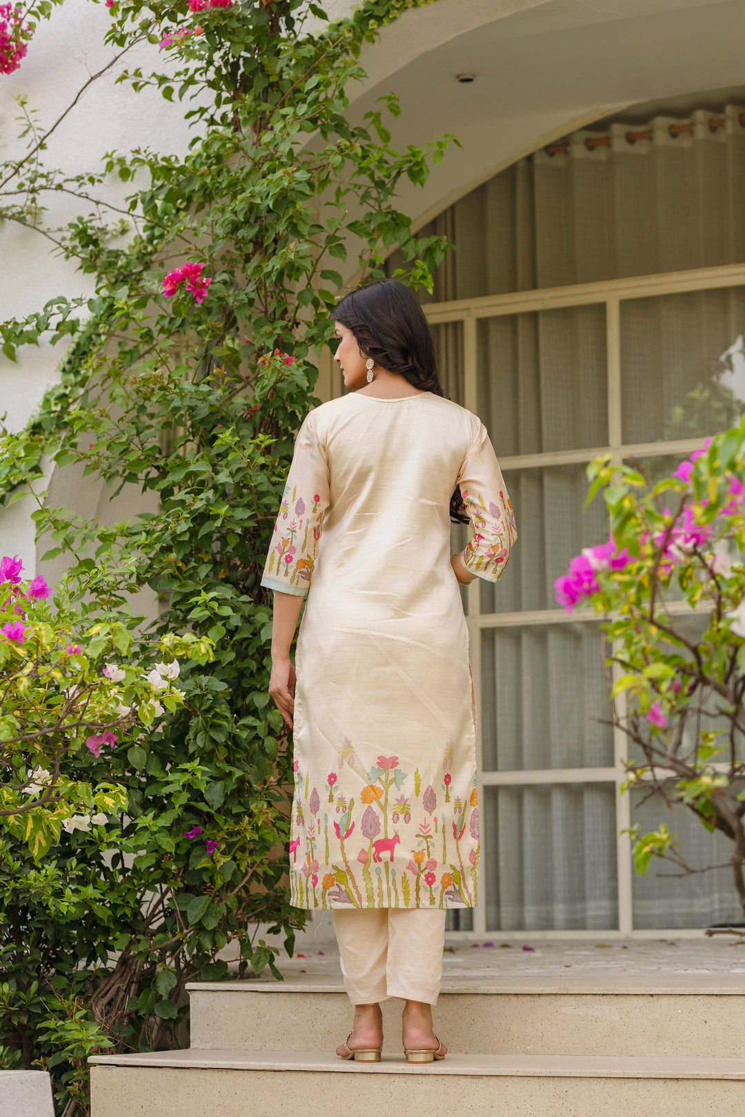 Beige Color Viscose Assam Silk Embroidery Kurti With Pant And Dupatta Set