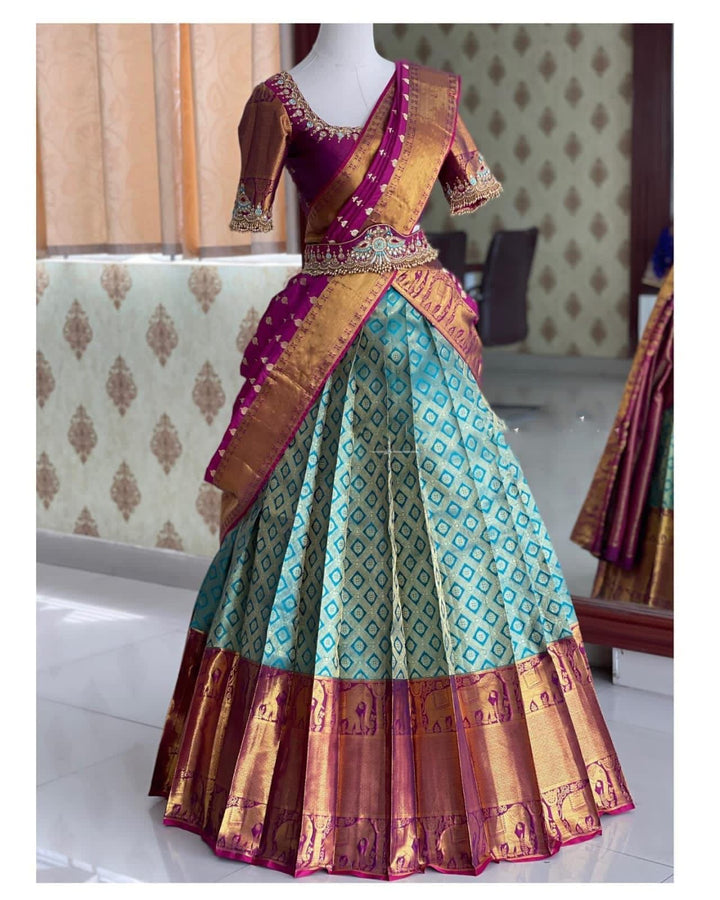 Purple Kanjiveram Silk With Banarashi Silk Zari Work Half Saree Lehenga Choli