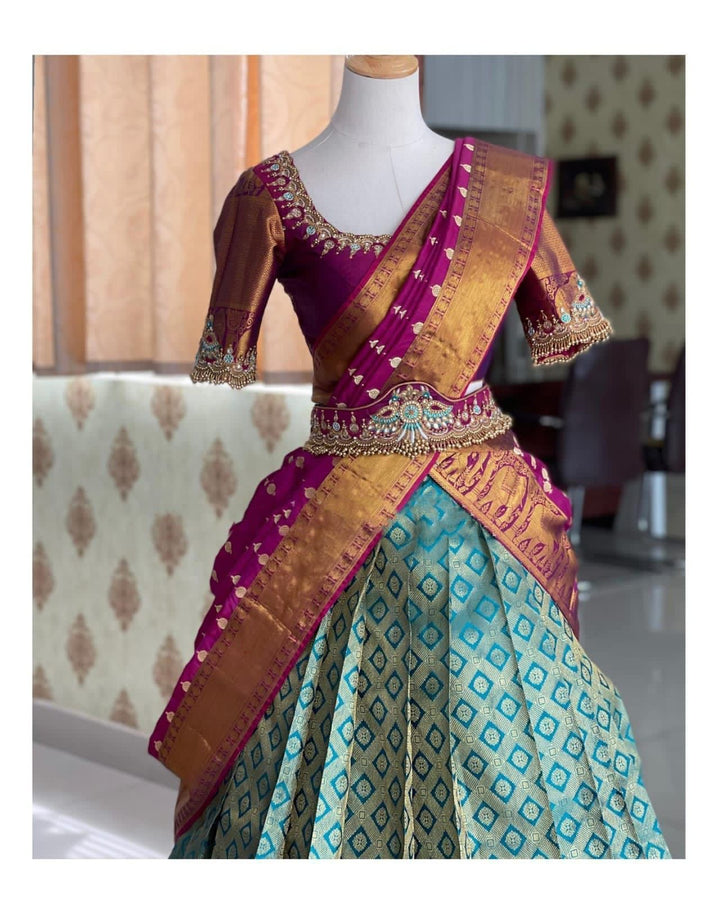 Purple Kanjiveram Silk With Banarashi Silk Zari Work Half Saree Lehenga Choli
