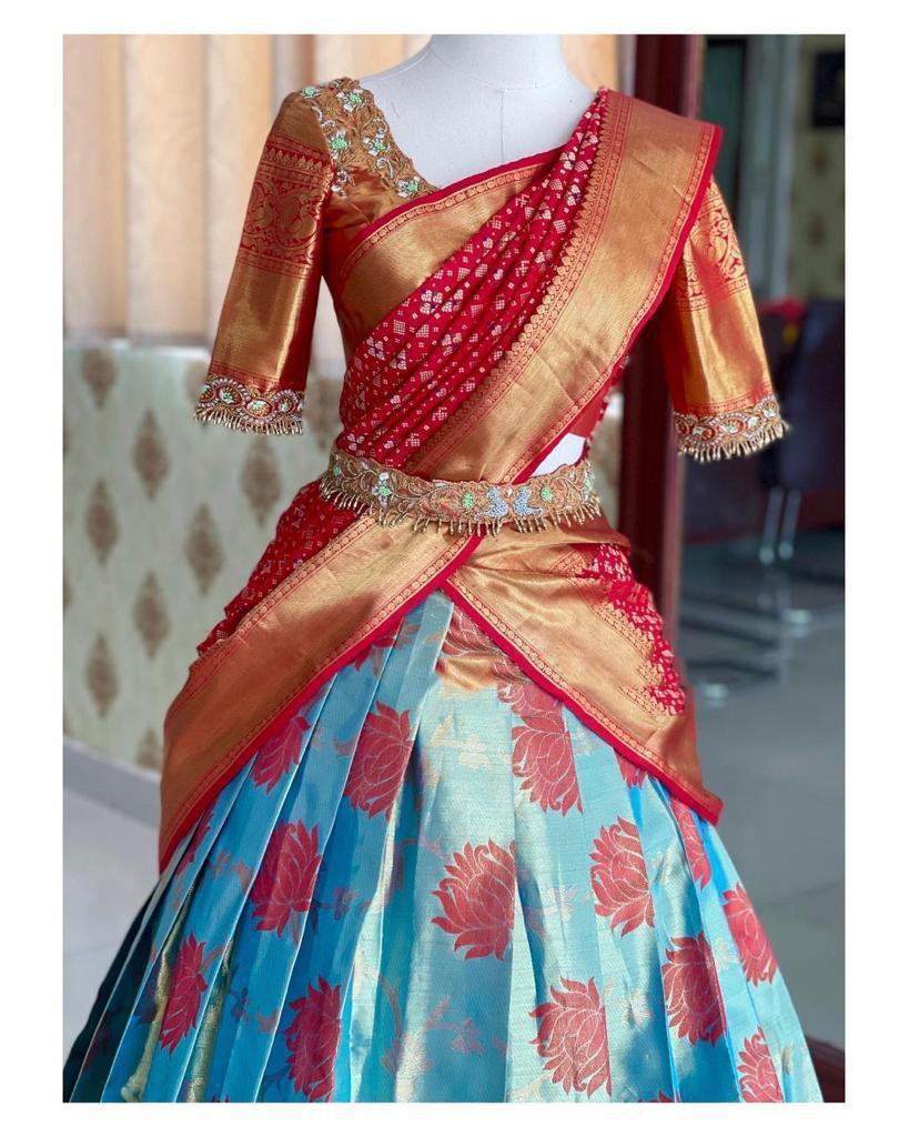 Red color Kanjiveram Silk With Banarashi Silk Zari Work Half Saree Lehenga Choli