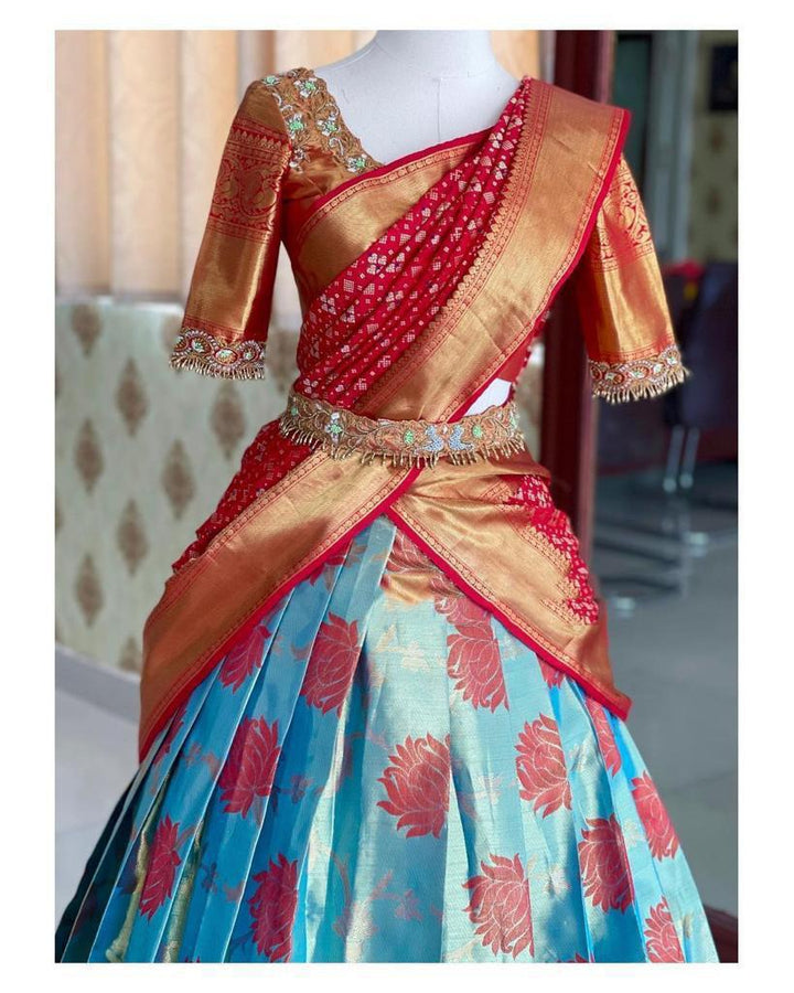 Red color Kanjiveram Silk With Banarashi Silk Zari Work Half Saree Lehenga Choli