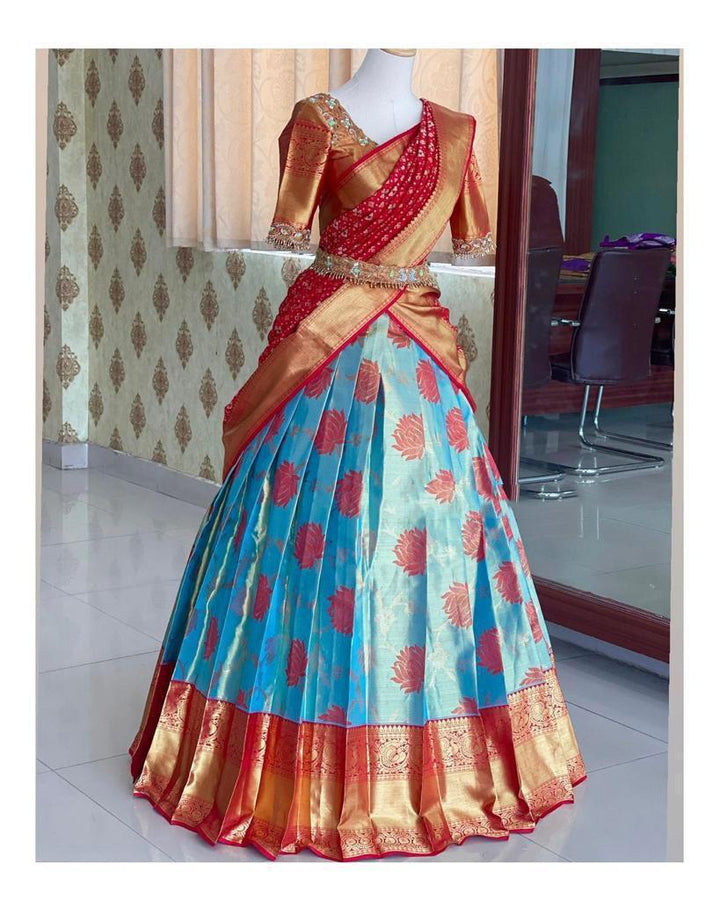Red color Kanjiveram Silk With Banarashi Silk Zari Work Half Saree Lehenga Choli