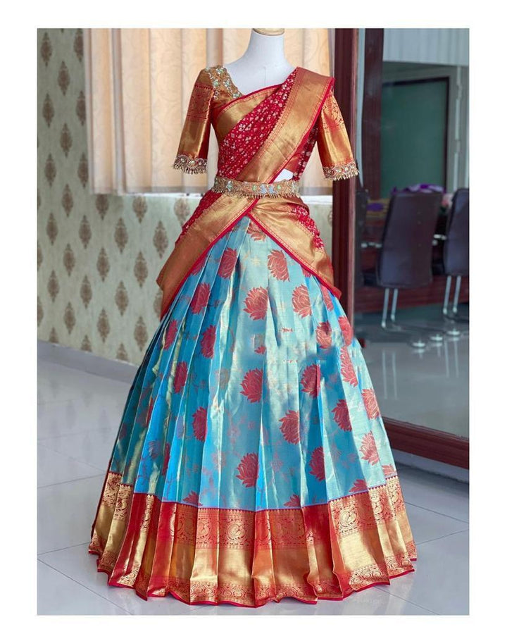 Red color Kanjiveram Silk With Banarashi Silk Zari Work Half Saree Lehenga Choli