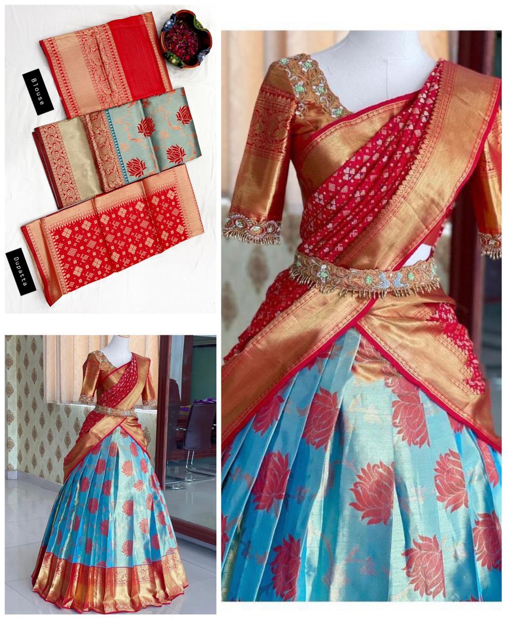 Red color Kanjiveram Silk With Banarashi Silk Zari Work Half Saree Lehenga Choli