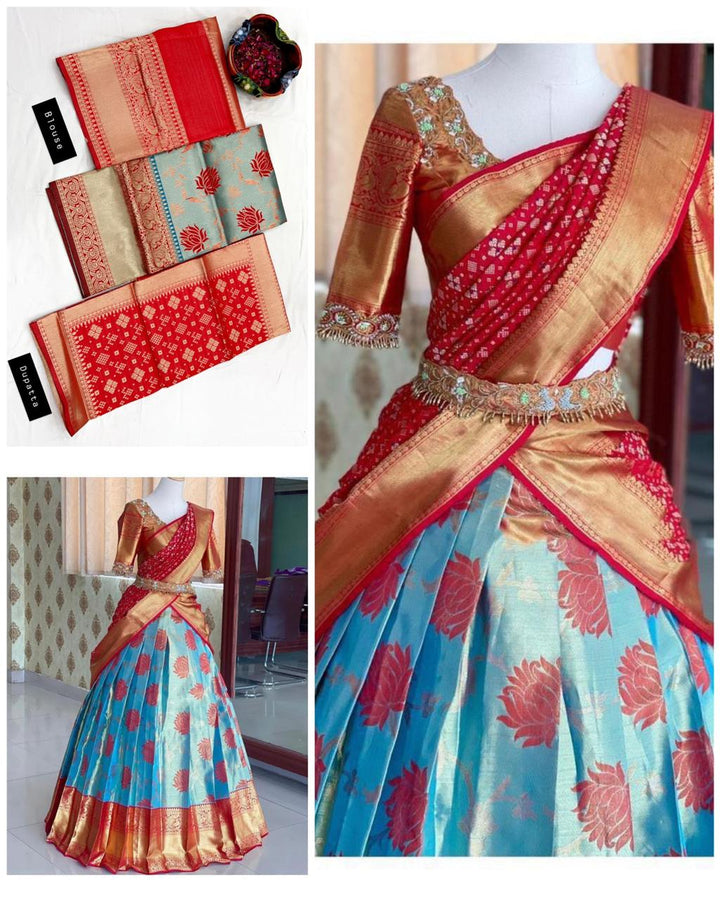 Red color Kanjiveram Silk With Banarashi Silk Zari Work Half Saree Lehenga Choli