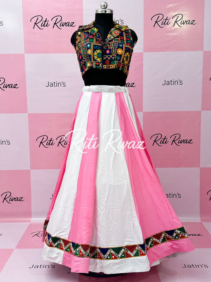 Baby Pink and White color cotton Navratri ready to wear lehenga choli, navratri lehenga, Gamthi lehenga, Garba Lehenga, Stitched Lehenga