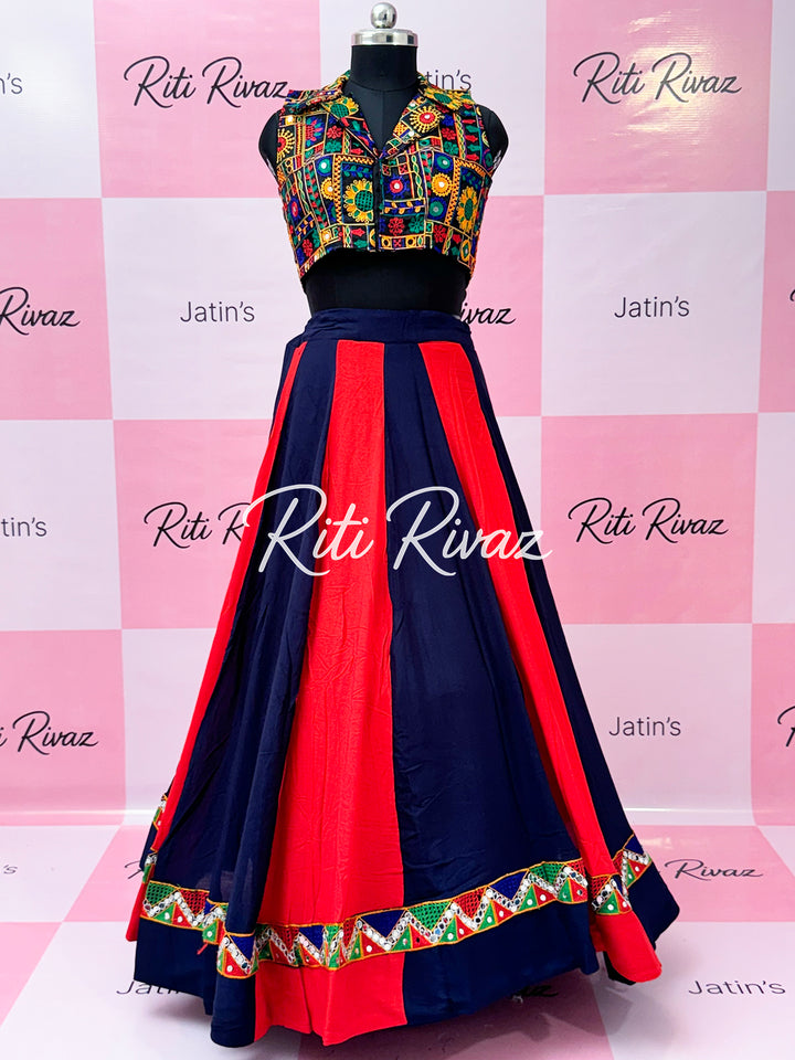 Blue and Red color Cotton Ready to Wear Navratri Lehenga choli with gamthi work, Navratri Lehenga, Garba Lehenga, Sequence Lehenga, Gujarati