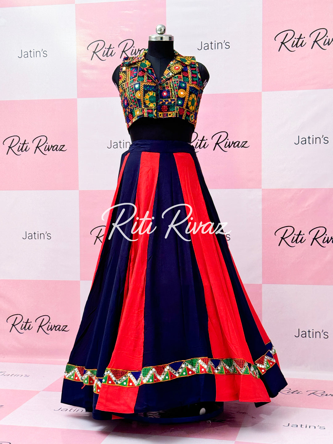 Blue and Red color Cotton Ready to Wear Navratri Lehenga choli with gamthi work, Navratri Lehenga, Garba Lehenga, Sequence Lehenga, Gujarati