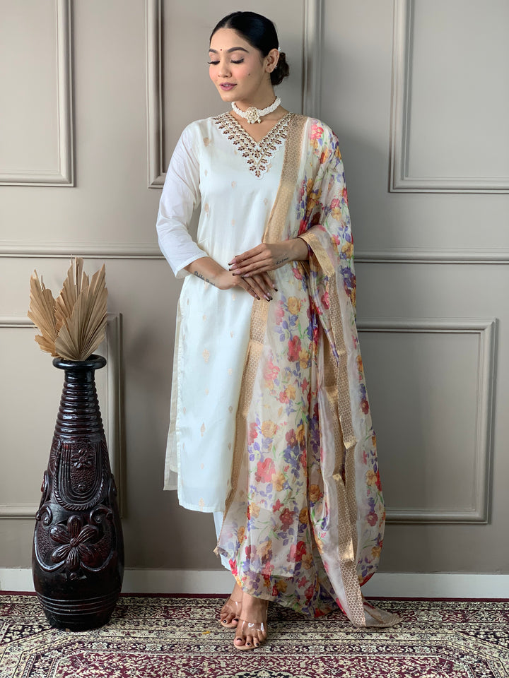 White Color Viscose Nylon Butti Embroidered Straight  Kurta with Pant And Dupatta Sets