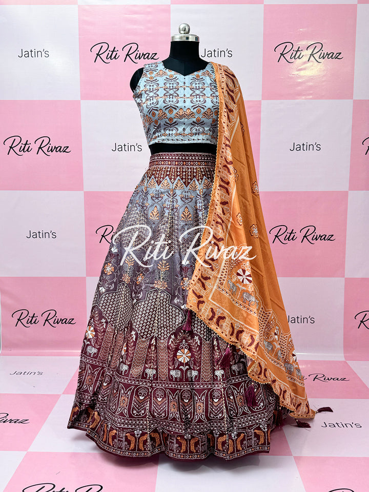 Latest Art Silk Printed With Gota Patti Work on Kali lehenga Floral and Geometric combination Lehenga choli for Women, Festive lehenga