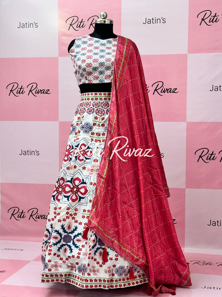 Traditional white color Ready to wear lehenga with unstitched blouse