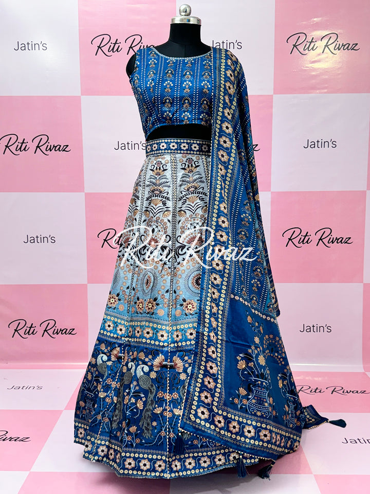 Glossy Blue color Art Silk Lehenga choli with gotta patti work