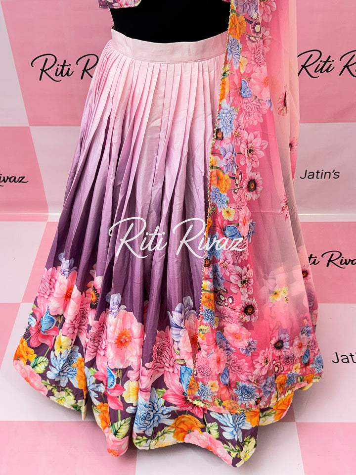 Baby Pink- Purple color Heavy Chinon Floral Printed With Attached Canvas and CanCan