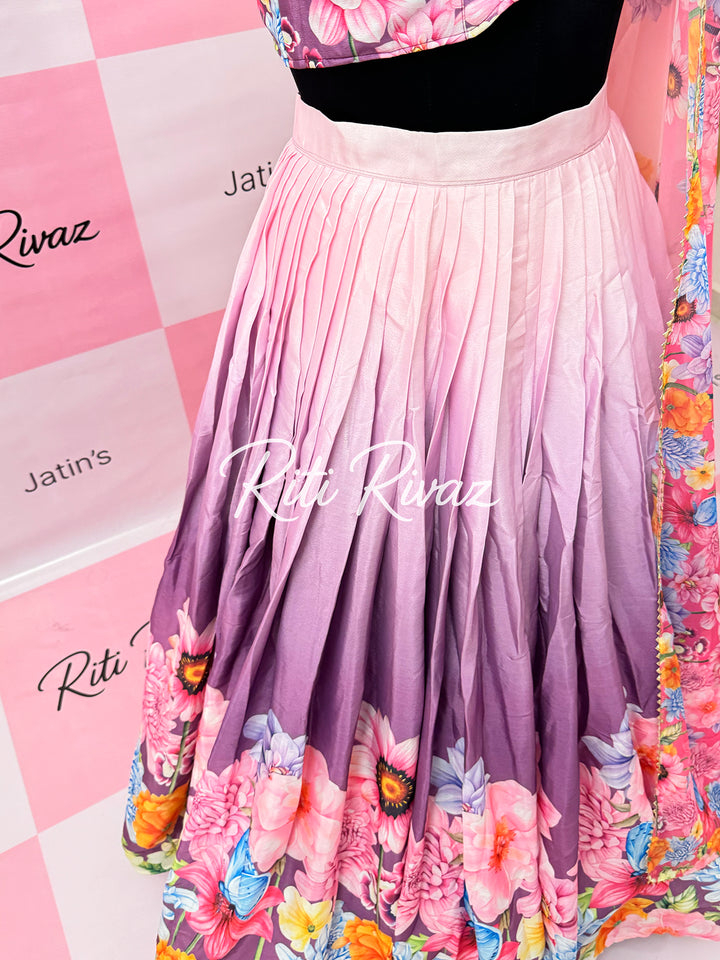 Baby Pink- Purple color Heavy Chinon Floral Printed With Attached Canvas and CanCan