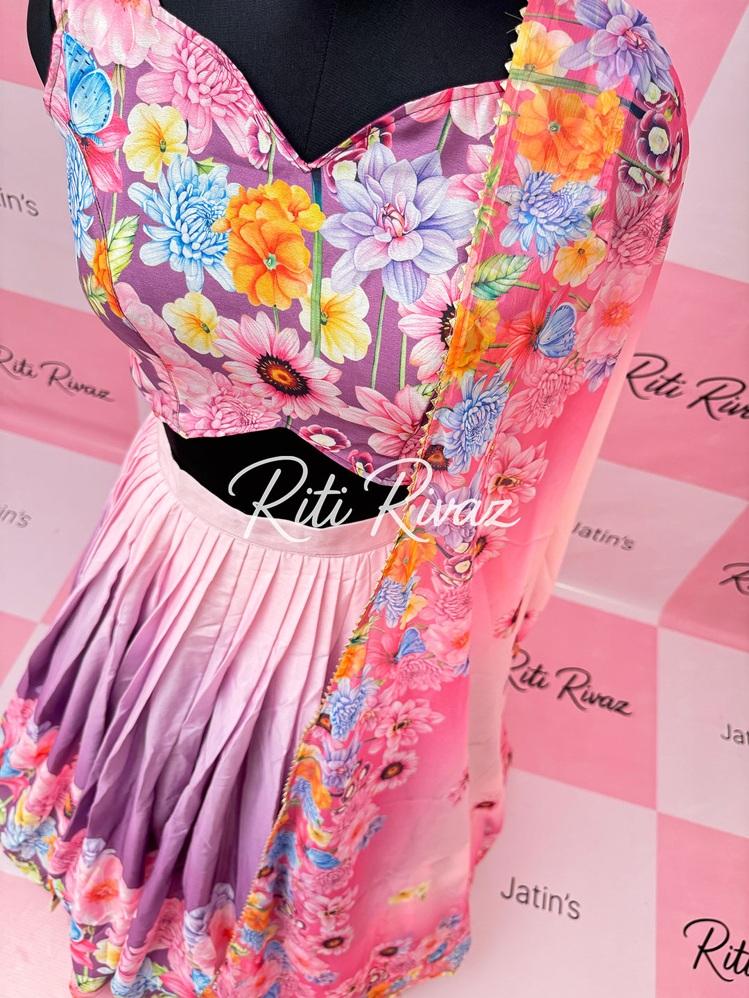 Baby Pink- Purple color Heavy Chinon Floral Printed With Attached Canvas and CanCan