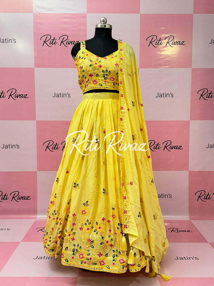Beautiful Yellow Color Chinnon Embroidery work lehenga Choli, Haldi Lehenga, Mehandi Lehenga, Yellow Lehenga