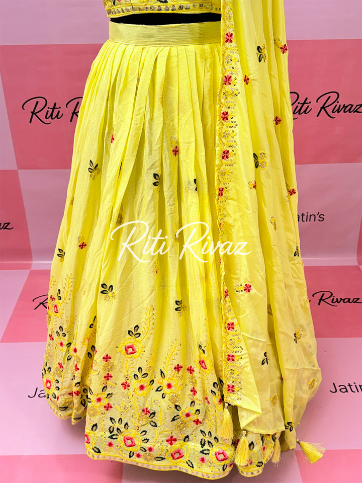 Beautiful Yellow Color Chinnon Embroidery work lehenga Choli, Haldi Lehenga, Mehandi Lehenga, Yellow Lehenga