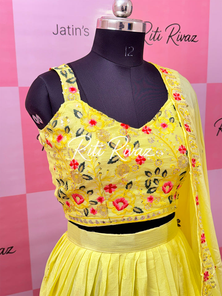 Beautiful Yellow Color Chinnon Embroidery work lehenga Choli, Haldi Lehenga, Mehandi Lehenga, Yellow Lehenga