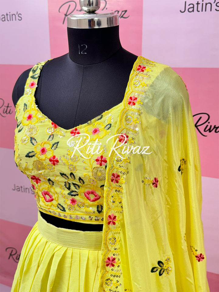 Beautiful Yellow Color Chinnon Embroidery work lehenga Choli, Haldi Lehenga, Mehandi Lehenga, Yellow Lehenga