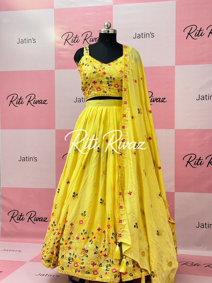 Beautiful Yellow Color Chinnon Embroidery work lehenga Choli, Haldi Lehenga, Mehandi Lehenga, Yellow Lehenga