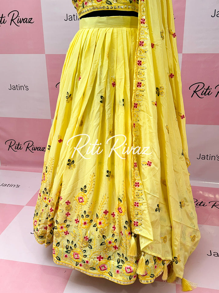 Beautiful Yellow Color Chinnon Embroidery work lehenga Choli, Haldi Lehenga, Mehandi Lehenga, Yellow Lehenga