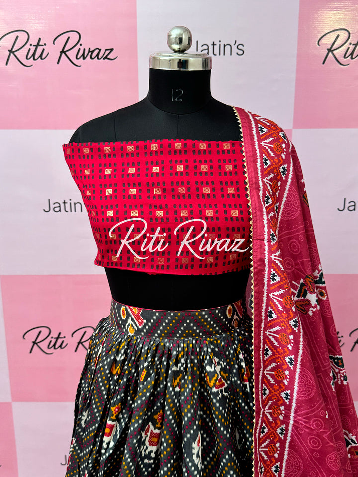 Dark Gray color Tussar Silk Patola and Bandhani Print with foil work Fully Lehenga choli, Patola Print Lehenga