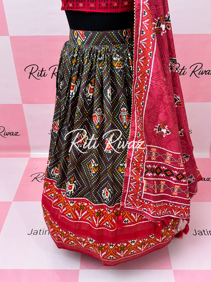 Dark Gray color Tussar Silk Patola and Bandhani Print with foil work Fully Lehenga choli, Patola Print Lehenga