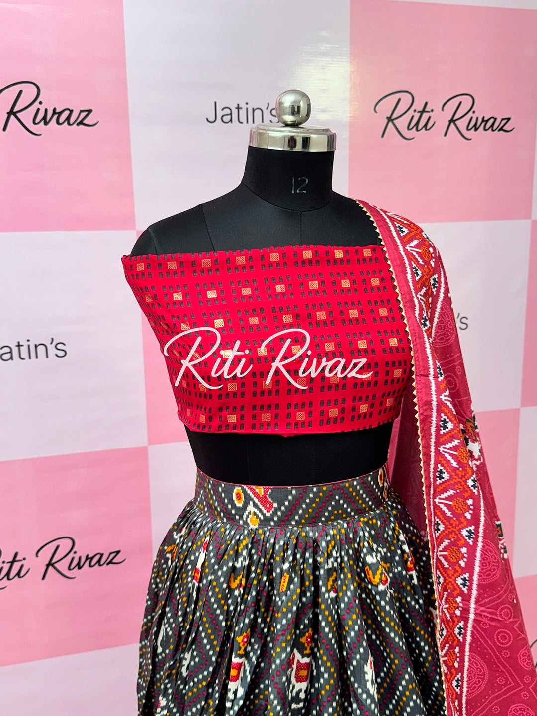 Dark Gray color Tussar Silk Patola and Bandhani Print with foil work Fully Lehenga choli, Patola Print Lehenga