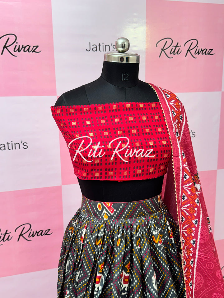 Dark Gray color Tussar Silk Patola and Bandhani Print with foil work Fully Lehenga choli, Patola Print Lehenga
