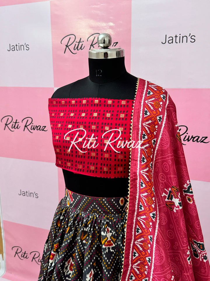 Dark Gray color Tussar Silk Patola and Bandhani Print with foil work Fully Lehenga choli, Patola Print Lehenga