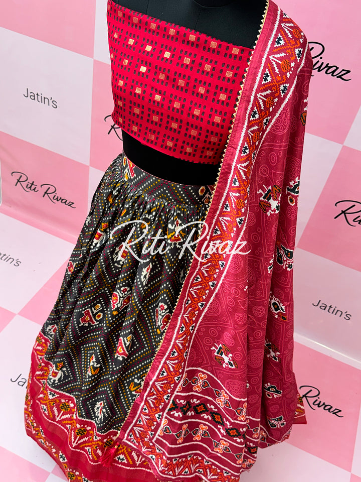 Dark Gray color Tussar Silk Patola and Bandhani Print with foil work Fully Lehenga choli, Patola Print Lehenga