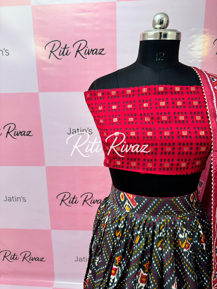 Dark Gray color Tussar Silk Patola and Bandhani Print with foil work Fully Lehenga choli, Patola Print Lehenga