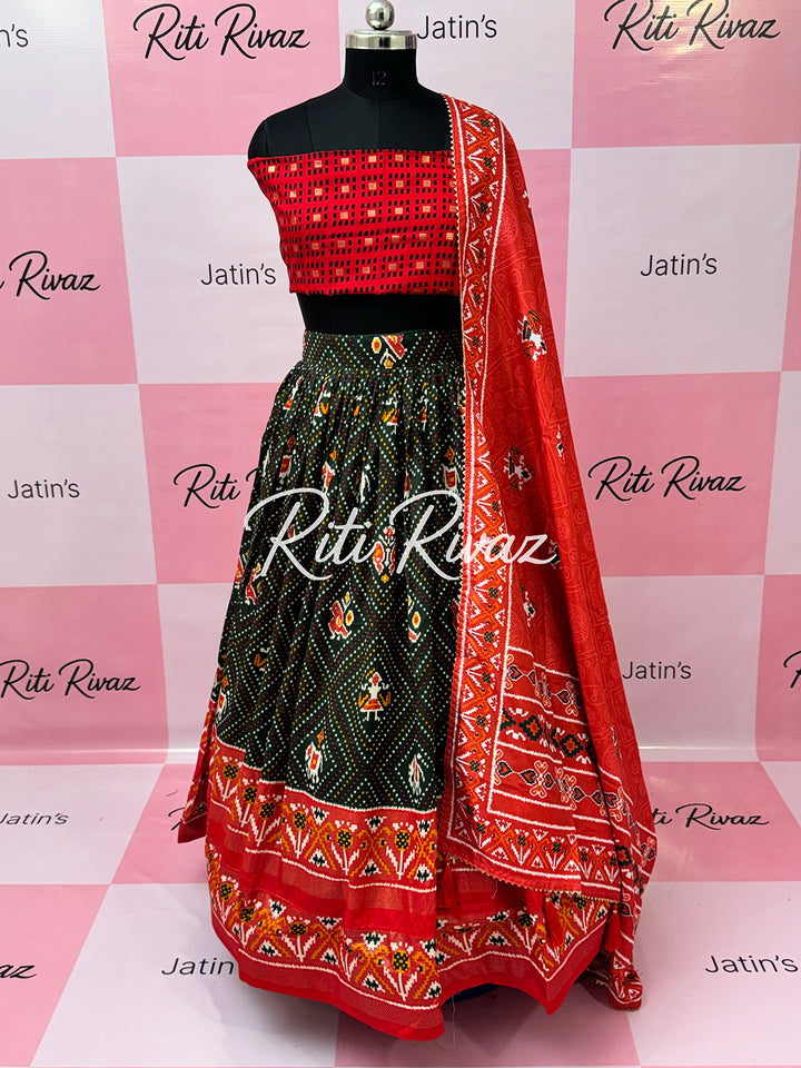 Green color Tussar Silk Patola and Bandhani Print with foil work Fully Lehenga choli