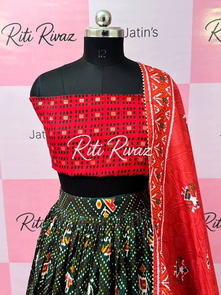 Green color Tussar Silk Patola and Bandhani Print with foil work Fully Lehenga choli