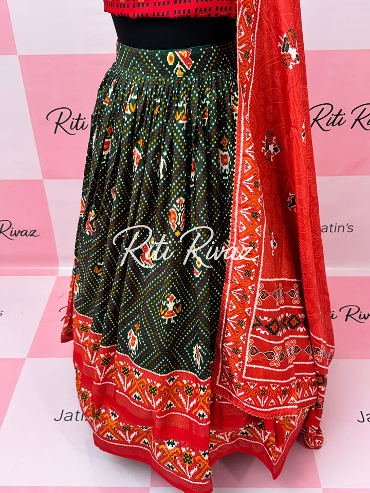 Green color Tussar Silk Patola and Bandhani Print with foil work Fully Lehenga choli