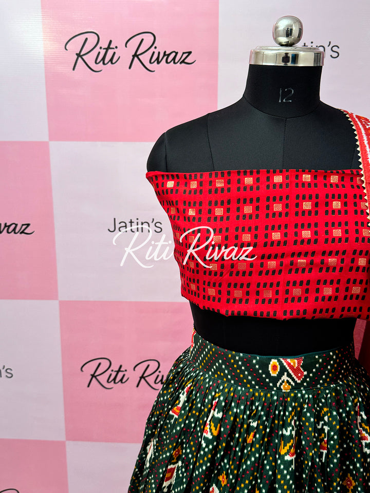 Green color Tussar Silk Patola and Bandhani Print with foil work Fully Lehenga choli