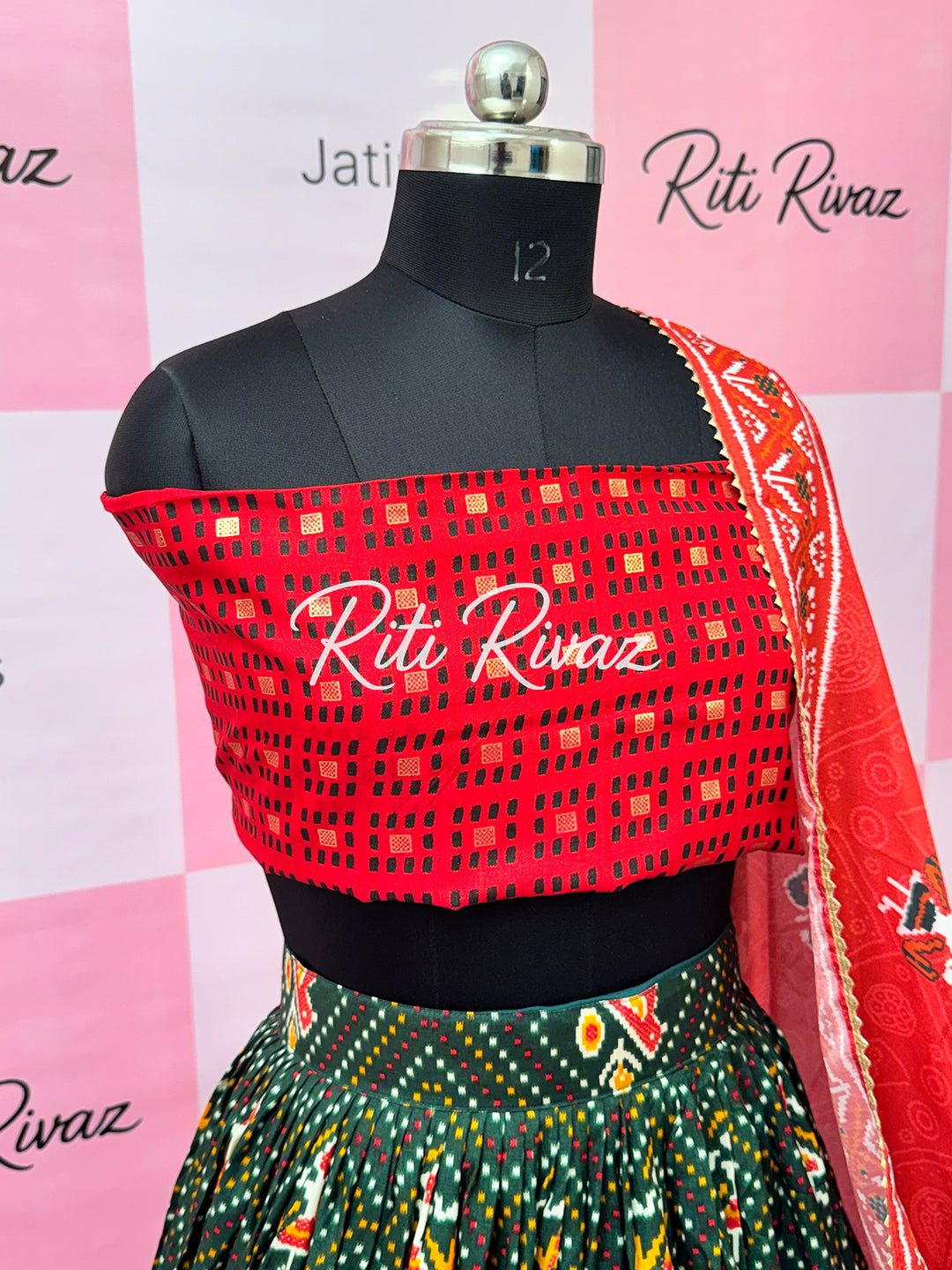 Green color Tussar Silk Patola and Bandhani Print with foil work Fully Lehenga choli