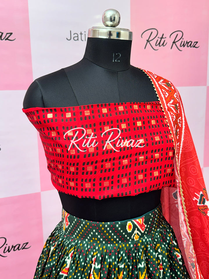 Green color Tussar Silk Patola and Bandhani Print with foil work Fully Lehenga choli