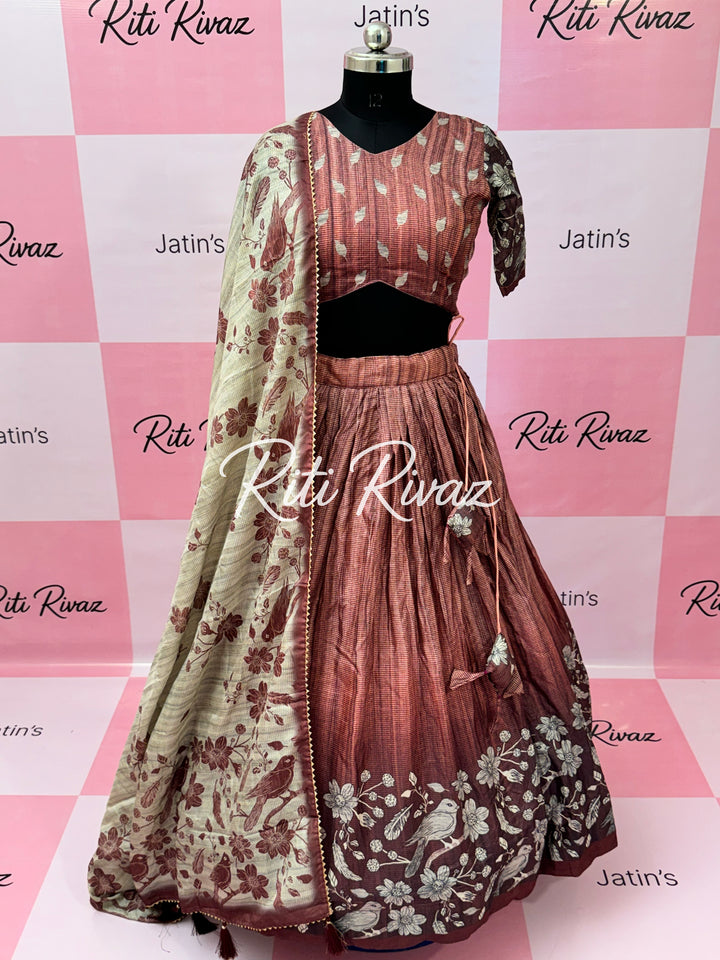 Beautiful Manipuri Silk Fully Bird Printed Lehenga choli, Floral Print Lehenga