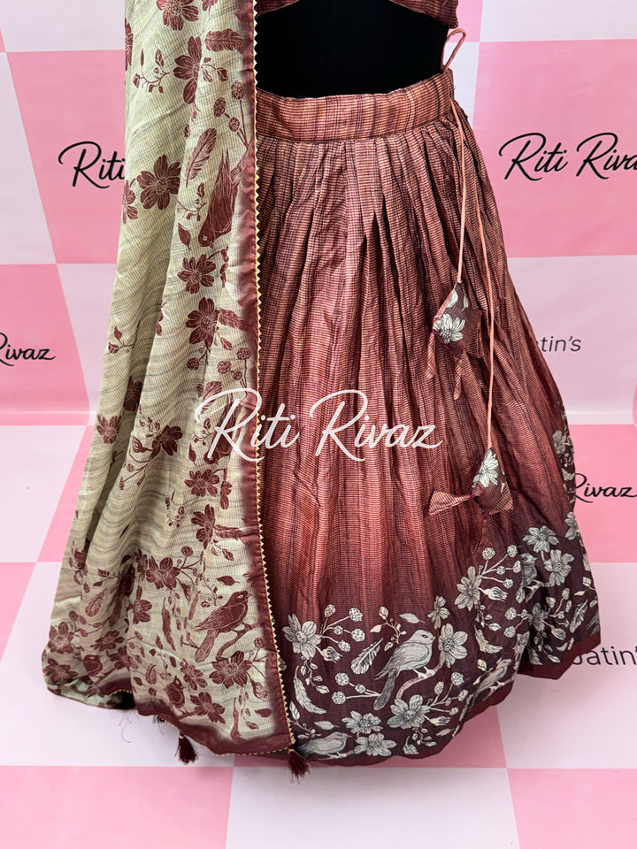 Beautiful Manipuri Silk Fully Bird Printed Lehenga choli, Floral Print Lehenga