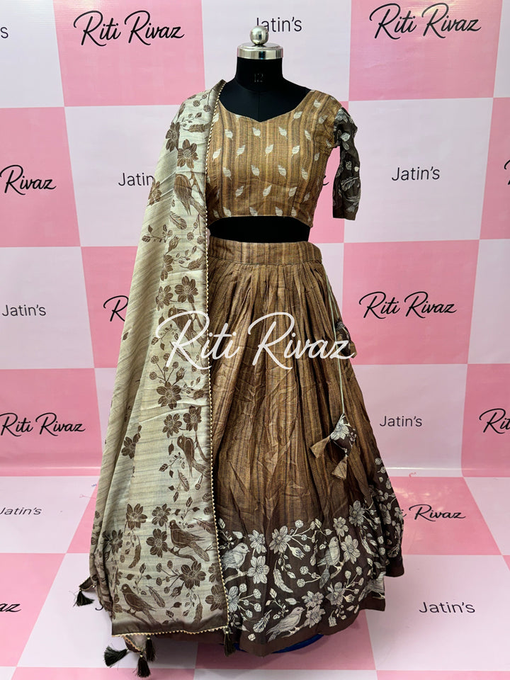 Beautiful Coffee Manipuri Silk Fully Bird Printed Lehenga choli, Floral Print Lehenga