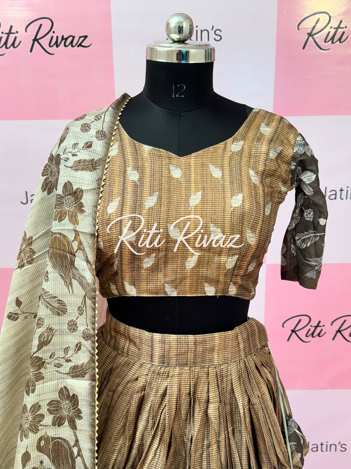 Beautiful Coffee Manipuri Silk Fully Bird Printed Lehenga choli, Floral Print Lehenga