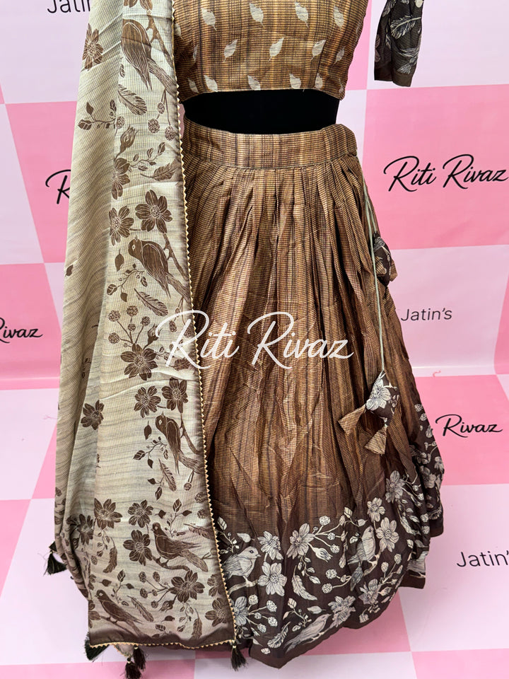 Beautiful Coffee Manipuri Silk Fully Bird Printed Lehenga choli, Floral Print Lehenga
