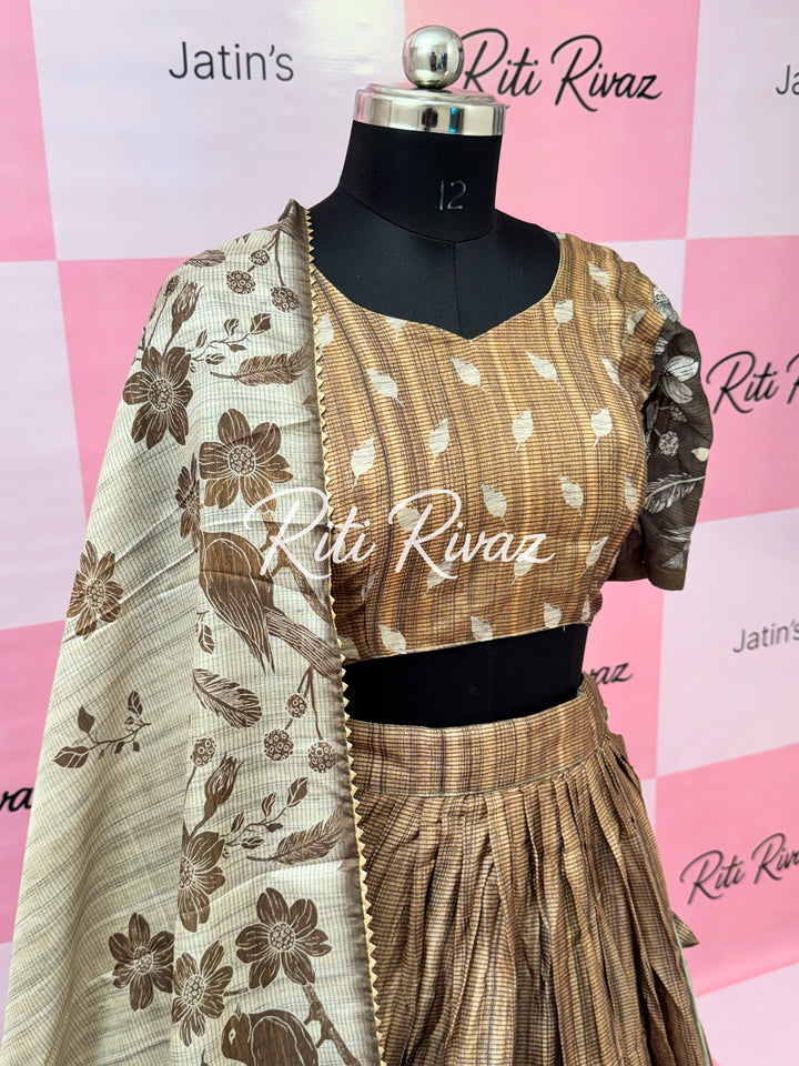 Beautiful Coffee Manipuri Silk Fully Bird Printed Lehenga choli, Floral Print Lehenga
