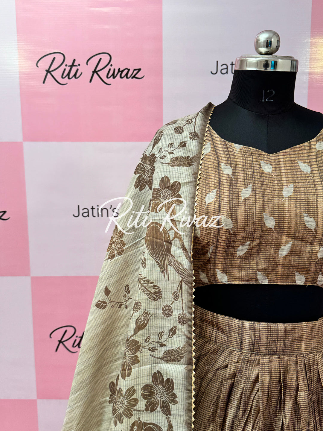 Beautiful Coffee Manipuri Silk Fully Bird Printed Lehenga choli, Floral Print Lehenga