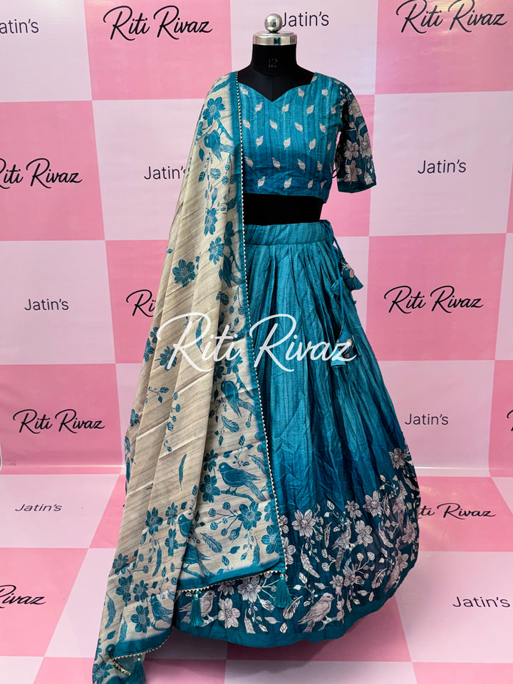 Blue Manipuri Silk Fully Bird Printed Lehenga choli, Floral Print Lehenga