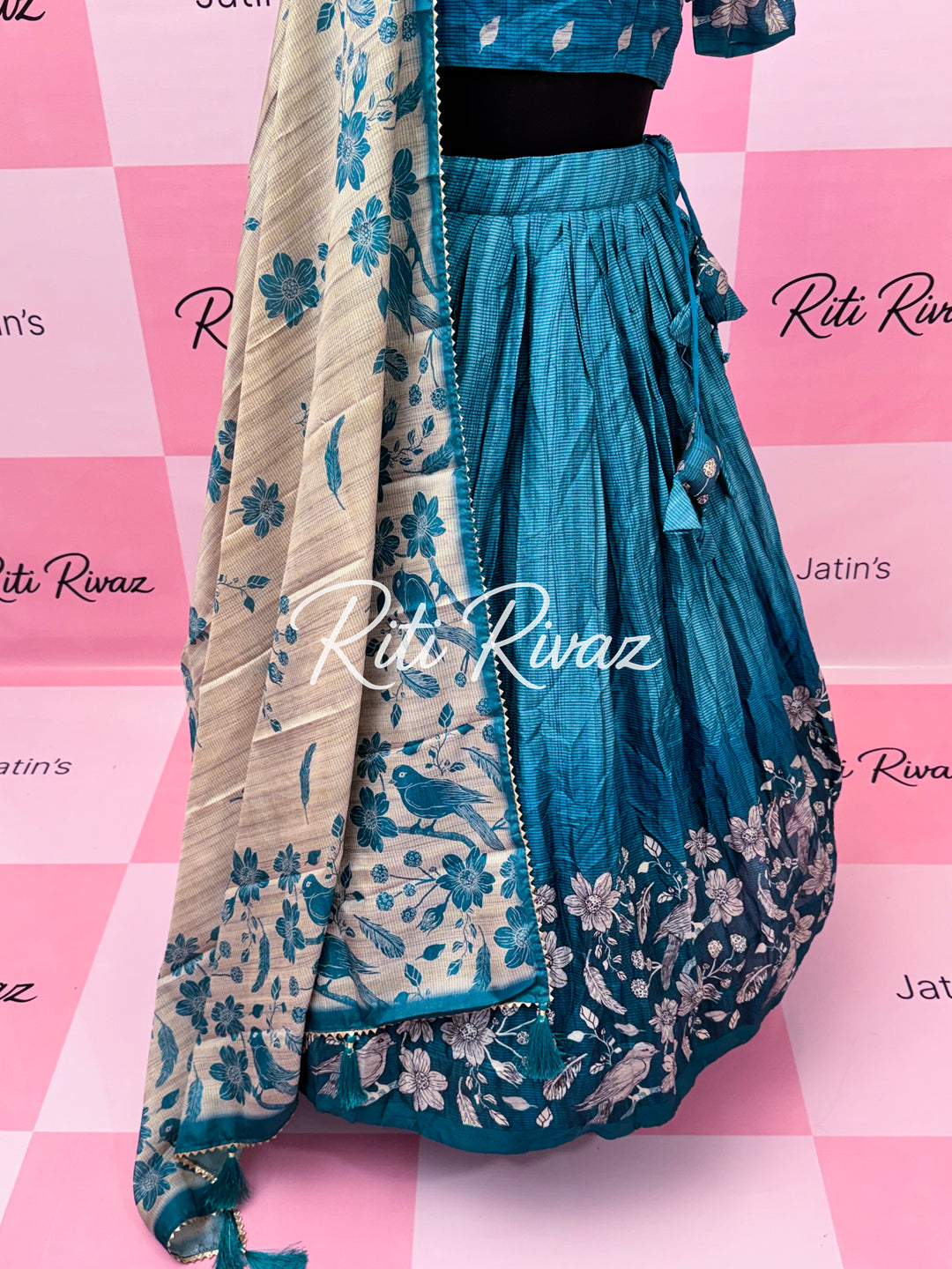 Blue Manipuri Silk Fully Bird Printed Lehenga choli, Floral Print Lehenga