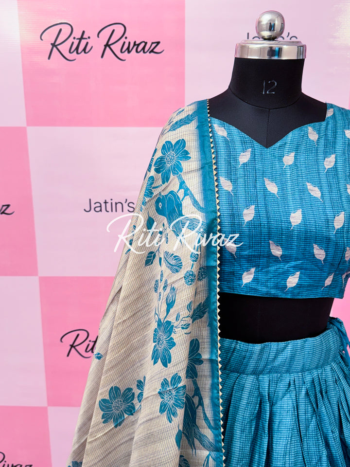 Blue Manipuri Silk Fully Bird Printed Lehenga choli, Floral Print Lehenga