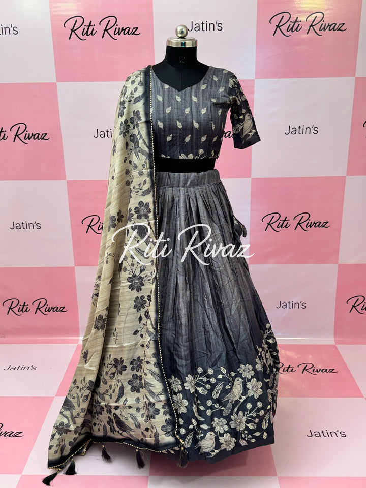 Beautiful Gray Manipuri Silk Fully Bird Printed Lehenga choli, Floral Print Lehenga